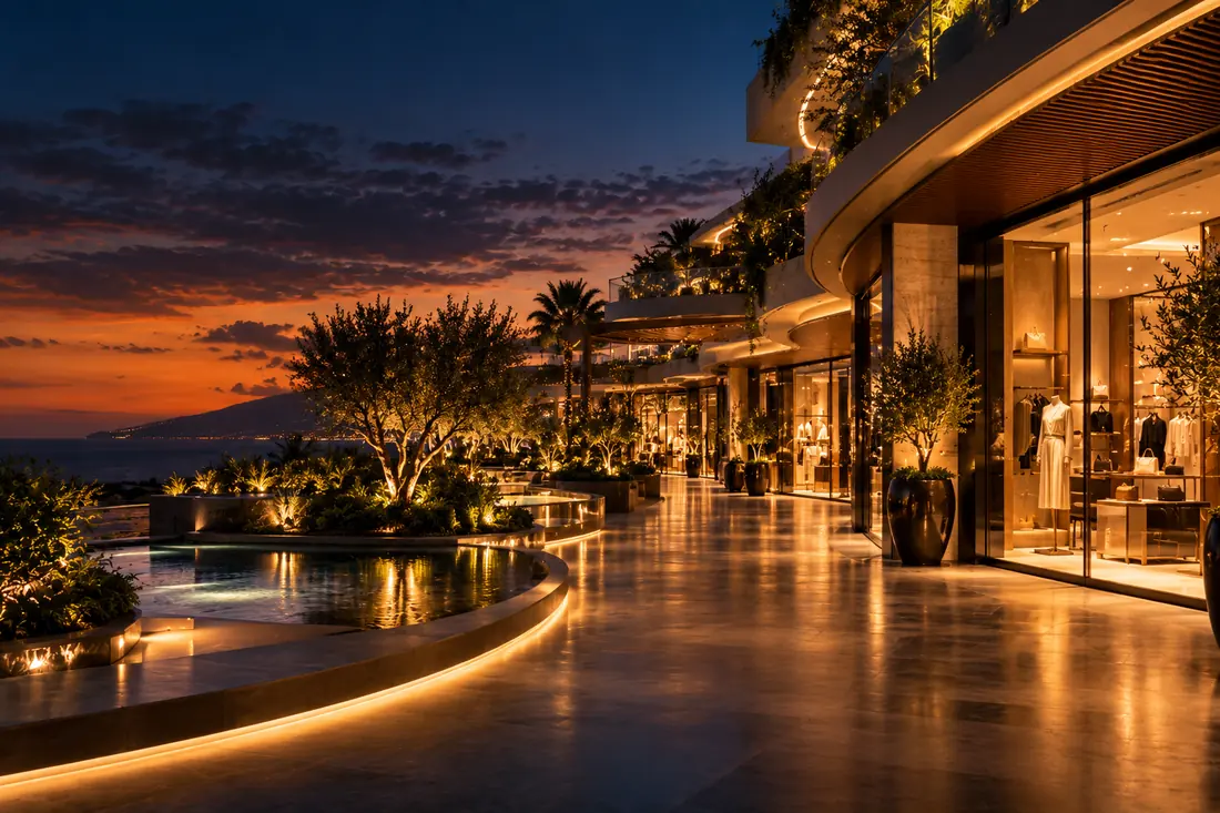 Paseo comercial de lujo iluminado al atardecer