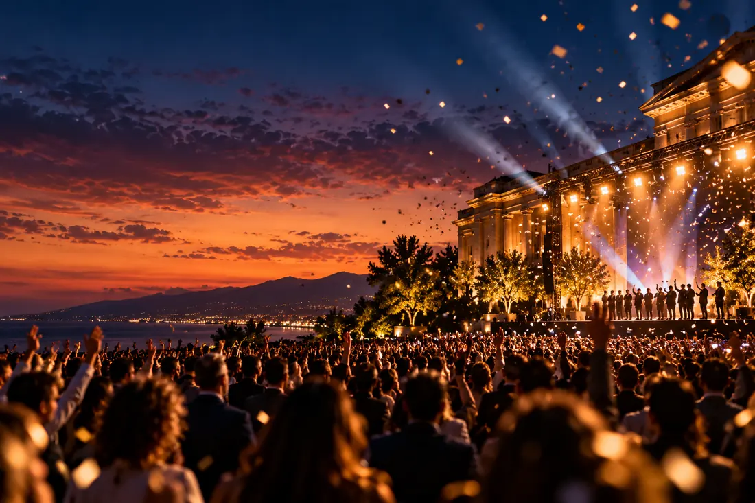 Evento institucional al atardecer con escenario y público