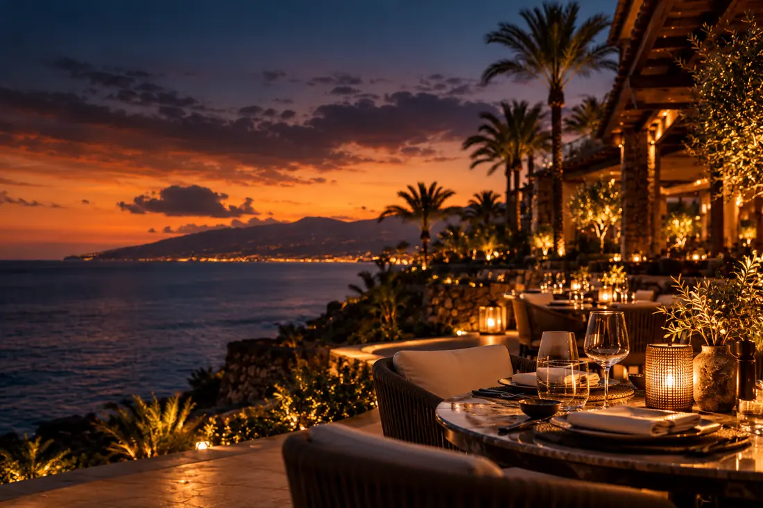 Terraza gastronómica de alto nivel frente al mar al anochecer